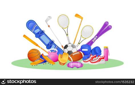 Different sport gear flat concept vector illustration. Footwear for exercising. Snowboarding and skiing. Golf bat. Sports equipment 2D objects for web design. Active lifestyle creative idea. Different sport gear flat concept vector illustration