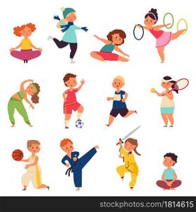 Different sport kids. Physical activity characters, small children doing exercise. Kid gym, toddler enjoying play decent vector set. Illustration cartoon girl and boy, activity fitness running. Different sport kids. Physical activity characters, small children doing exercise. Kid gym, isolated toddler enjoying play decent vector set