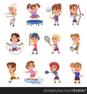 Different sport kids. Sports gym activities, child doing exercise. Young fit characters, school children play basketball tennis soccer decent vector set. Illustration of kid happy physical workout. Different sport kids. Sports gym activities, child doing exercise. Young fit characters, school children play basketball tennis soccer decent vector set