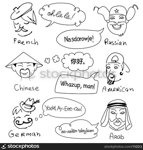 Different stereotypes of nationalities from all over the world. Hand drawn doodles.