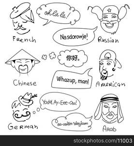 Different stereotypes of nationalities from all over the world. Hand drawn doodles.