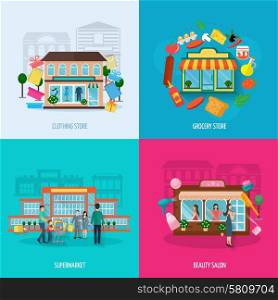 Different stores icons set. Different stores buildings such as clothing grocery beauty salons and supermarkets icons set flat isolated vector illustration