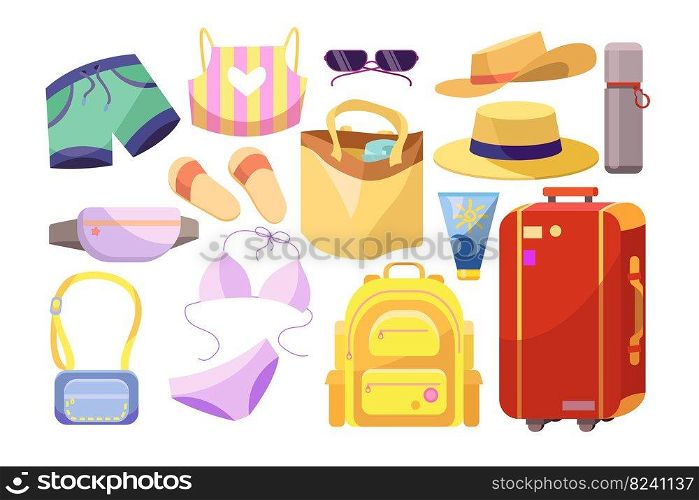 Different stuff for summer holidays vector illustrations set. Collection of clothes and accessories, luggage  travel bag, suitcase isolated on white background. Traveling, vacation concept