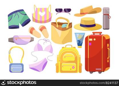 Different stuff for summer holidays vector illustrations set. Collection of clothes and accessories, luggage  travel bag, suitcase isolated on white background. Traveling, vacation concept