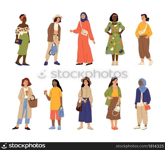 Different stylish women. Casual style woman, multicultural adults in trendy clothes. Isolated fashion dressed happy girls vector characters. Illustration casual people clothes, character fashionable. Different stylish women. Casual style woman, multicultural adults in trendy clothes. Isolated fashion dressed happy girls vector characters