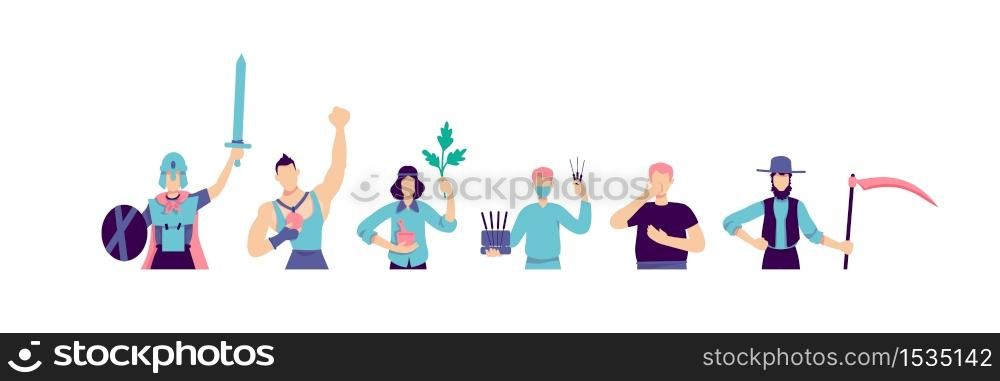 Different subcultures flat color vector faceless characters set. Teenage cosplayer. Athlete winner. Acupuncture doctor. Alternative lifestyle isolated cartoon illustrations on white background. Different subcultures flat color vector faceless characters set