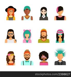 Different subcultures man and woman color portrait icons set in trendy flat style isolated vector illustration. Subculture People Portraits Set