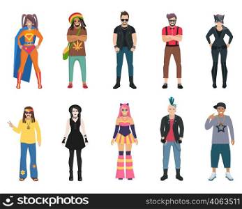 Different subcultures trendy full length man and woman isolated icons set vector illustration . Subcultures People Icons Set