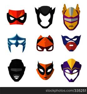 Different superheroes masks for kids. Vector illustrations in flat style. Superhero coolored mask costume collection. Different superheroes masks for kids. Vector illustrations in flat style