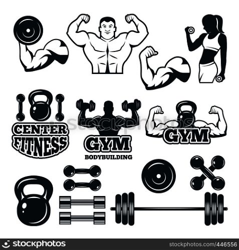Different symbols and badges set for fitness club. Vector pictures for gym. Fitness badge and sport equipment for training illustration. Different symbols and badges set for fitness club. Vector pictures for gym