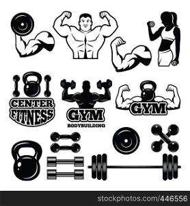 Different symbols and badges set for fitness club. Vector pictures for gym. Fitness badge and sport equipment for training illustration. Different symbols and badges set for fitness club. Vector pictures for gym