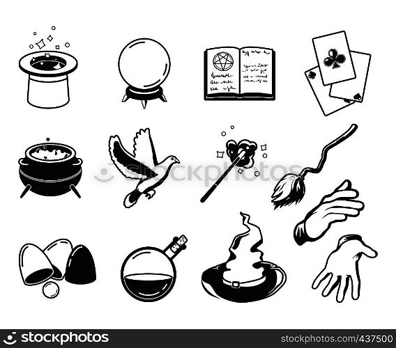 Different symbols of magicians, alchemists and wizards. Vector monochrome silhouettes isolate on white. Illustration of magician trick and performance symbol. Different symbols of magicians, alchemists and wizards. Vector monochrome silhouettes isolate on white