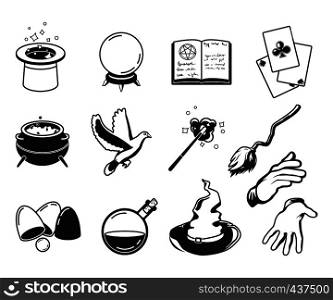 Different symbols of magicians, alchemists and wizards. Vector monochrome silhouettes isolate on white. Illustration of magician trick and performance symbol. Different symbols of magicians, alchemists and wizards. Vector monochrome silhouettes isolate on white