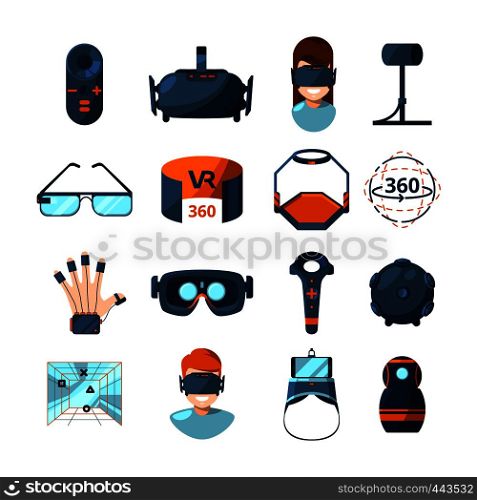 Different symbols of virtual reality. Electronic and computer technology of future. Vector icons set in cartoon style virtual, reality device, electronic gadget equipment for game illustration. Different symbols of virtual reality. Electronic and computer technology of future. Vector icons set in cartoon style