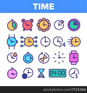 Different Time Clock Collection Vector Icons Set Thin Line. Hourglass And Watch, Alarm-clock And Electronic Digital Clock Concept Linear Pictograms. Monochrome Contour Illustrations. Different Time Clock Collection Vector Icons Set