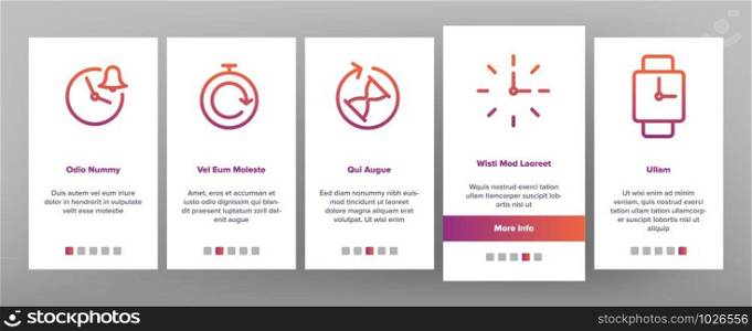 Different Time Clock Onboarding Mobile App Page Screen Vector Icons Set Thin Line. Hourglass And Watch, Alarm-clock And Electronic Digital Clock Concept Linear Pictograms. Contour Illustrations. Different Time Clock Onboarding