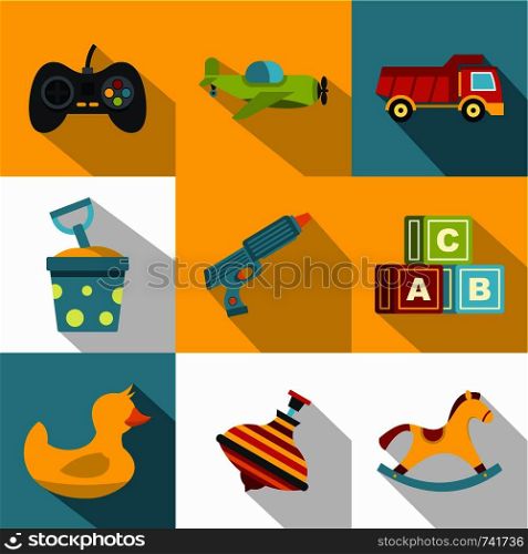 Different toys icon set. Flat style set of 9 different toy vector icons for web design. Different toys icon set, flat style