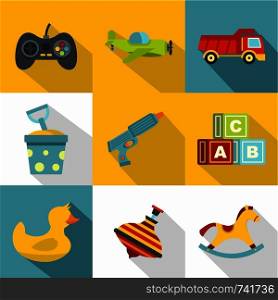 Different toys icon set. Flat style set of 9 different toy vector icons for web design. Different toys icon set, flat style