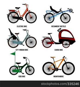 Different type of bicycles for male female and kids. Bikes for family. Vector illustrations kids bike and mountain bike isolate on white. Different type of bicycles for male female and kids. Bikes for family. Vector illustrations isolate on white