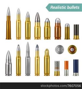 Different types and sizes of weapon ammo including bullets and cartridges realistic set isolated vector illustration