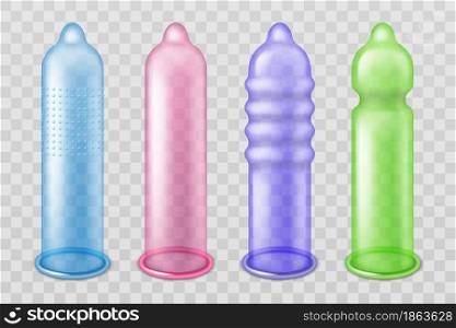 Different types condoms. Realistic items for prevention sexually transmitted diseases and unwanted pregnancy, 3d latex objects various forms and colors, vector isolated on transparent background set. Different types condoms. Realistic items for prevention sexually transmitted diseases and unwanted pregnancy, 3d latex objects various forms and colors, vector isolated set