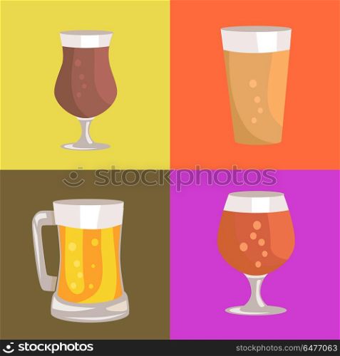 Different Types of Beer on Vector Illustration. Different types of beer, bright and light, demonstrated on vector illustration with individual backgrounds of yellow, pink and red colors