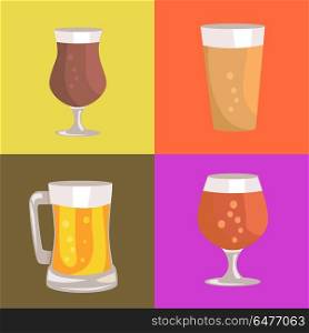 Different Types of Beer on Vector Illustration. Different types of beer, bright and light, demonstrated on vector illustration with individual backgrounds of yellow, pink and red colors