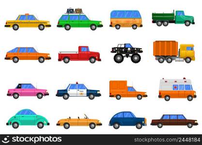 Different types of cars icons set with bus truck and police car flat isolated vector illustration . Cars Icons Set