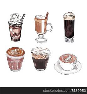 Different types of coffee.Set of vector illustrations. . Different types of coffee.