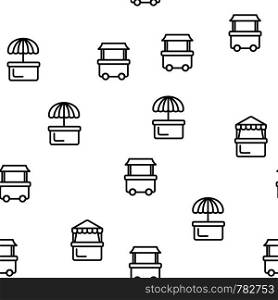 Different Types Of Counter Seamless Pattern Vector. Empty Counter With Canopy, Umbrella And Wheel For Cooking Hot Dog Monochrome Texture Icons. Street Fast Food Cart Template Flat Illustration. Different Types Of Counter Seamless Pattern Vector