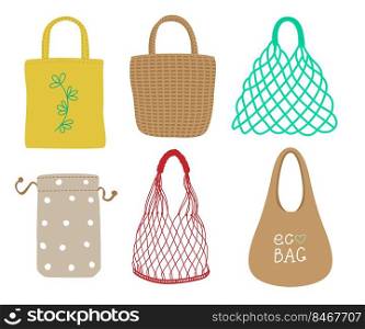 Different types of eco bags vector illustrations set. Drawings of reusable zero waste bags  tote, kit, cotton and net bags isolated on white background. Environment, ecology, recycling concept