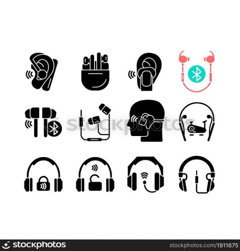 Different types of headphones black glyph icons set on white space. In ear earpieces. Over ear headset. Earphones for listening music and calls. Silhouette symbols. Vector isolated illustration. Different types of headphones black glyph icons set on white space