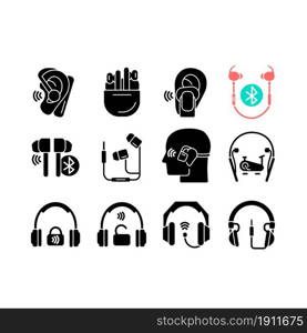 Different types of headphones black glyph icons set on white space. In ear earpieces. Over ear headset. Earphones for listening music and calls. Silhouette symbols. Vector isolated illustration. Different types of headphones black glyph icons set on white space