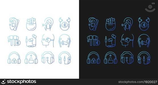 Different types of headphones gradient icons set for dark and light mode. Over ear headset. Thin line contour symbols bundle. Isolated vector outline illustrations collection on black and white. Different types of headphones gradient icons set for dark and light mode