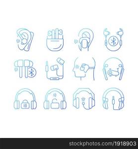 Different types of headphones gradient linear vector icons set. In ear earpieces. Earphones for listening music and calls. Thin line contour symbols bundle. Isolated outline illustrations collection. Different types of headphones gradient linear vector icons set