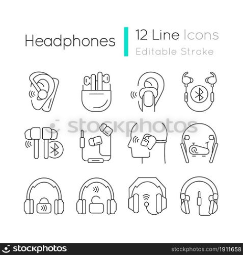 Different types of headphones linear icons set. Over ear headset. Earphones for listening music. Customizable thin line contour symbols. Isolated vector outline illustrations. Editable stroke. Different types of headphones linear icons set