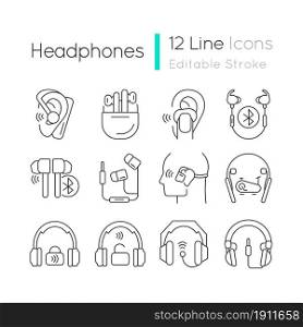 Different types of headphones linear icons set. Over ear headset. Earphones for listening music. Customizable thin line contour symbols. Isolated vector outline illustrations. Editable stroke. Different types of headphones linear icons set