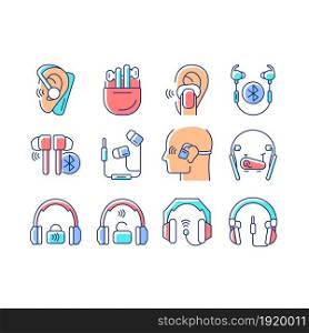 Different types of headphones RGB color icons set. In ear earpieces. Over ear headset. Earphones for listening music and calls. Isolated vector illustrations. Simple filled line drawings collection. Different types of headphones RGB color icons set