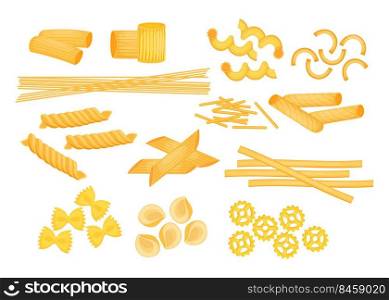 Different types of Italian pasta flat vector illustrations set. Raw macaroni, penne, farfalle, ziti, fusilli, spaghetti isolated on white background. Italian cuisine, pasta, food, restaurant concept