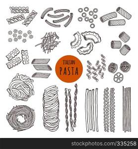 Different types of italian pasta. Hand draw vector illustrations. Sketch food italian pasta, different doodle traditional spaghetti. Different types of italian pasta. Hand draw vector illustrations