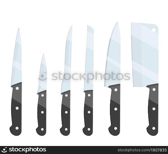 Different types of kitchen knives set icon isolated on white background. For web, poster, menu, cafe and restaurant. Vector illustration in flat style.. Different types of kitchen knives.
