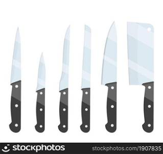 Different types of kitchen knives set icon isolated on white background. For web, poster, menu, cafe and restaurant. Vector illustration in flat style.. Different types of kitchen knives.
