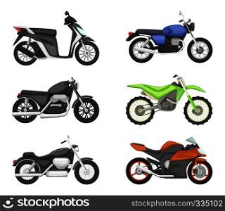 Different types of motorcycles. Vector set illustrations in cartoon style. Motorcycle speed transport collection. Different types of motorcycles. Vector set illustrations in cartoon style