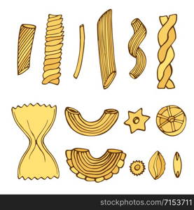 Different types of pasta. Isolated italian food for menu design. Pasta Sketched pack illustration. Different types of pasta. Isolated italian food for menu design. Pasta Sketched pack illustration.