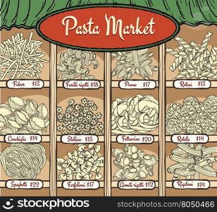 Different types of pasta with name and price. Pasta and spaghetti, noodles and other pasta products vector illustration