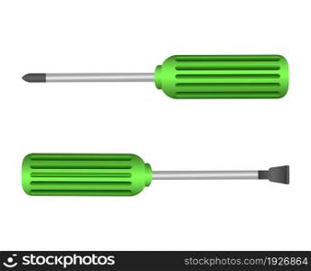 Different types of screwdrivers set on white background. Isolated realistic vector image. Different types of screwdrivers set on white background