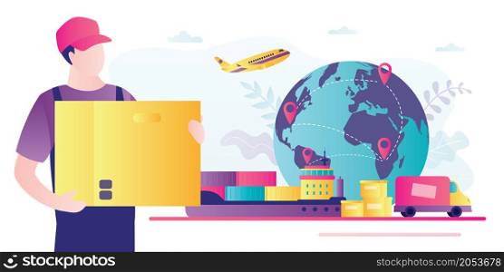 Different types of transport for worldwide delivery. Courier holds parcel. Concept of shipping and transportation. Male character works in delivery service. Map with destinations. Vector illustration. Different types of transport for worldwide delivery. Courier holds parcel. Concept of shipping and transportation