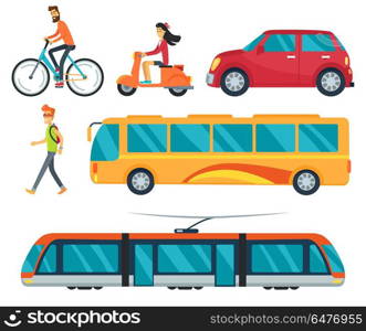 Different Types of Transport Vector Illustration. Different types of transport, icons of walking boy, cycling man, car and bus, train and woman on moped vector illustration isolated on white