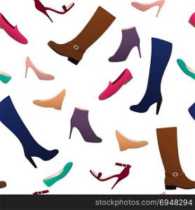 different types of women s shoes. Seamless pattern. Seamless pattern different types of women s shoes on shelves ballets, moccasins, boots, high heel shoes.