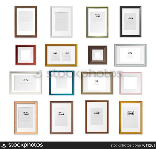Different types square and rectangular picture frames various sizes material texture color realistic mockup set vector illustration